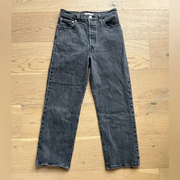 Levi’s Ribcage Straight Jeans High Rise Black Wash Cropped Ankle 30x 27 - Picture 7 of 9